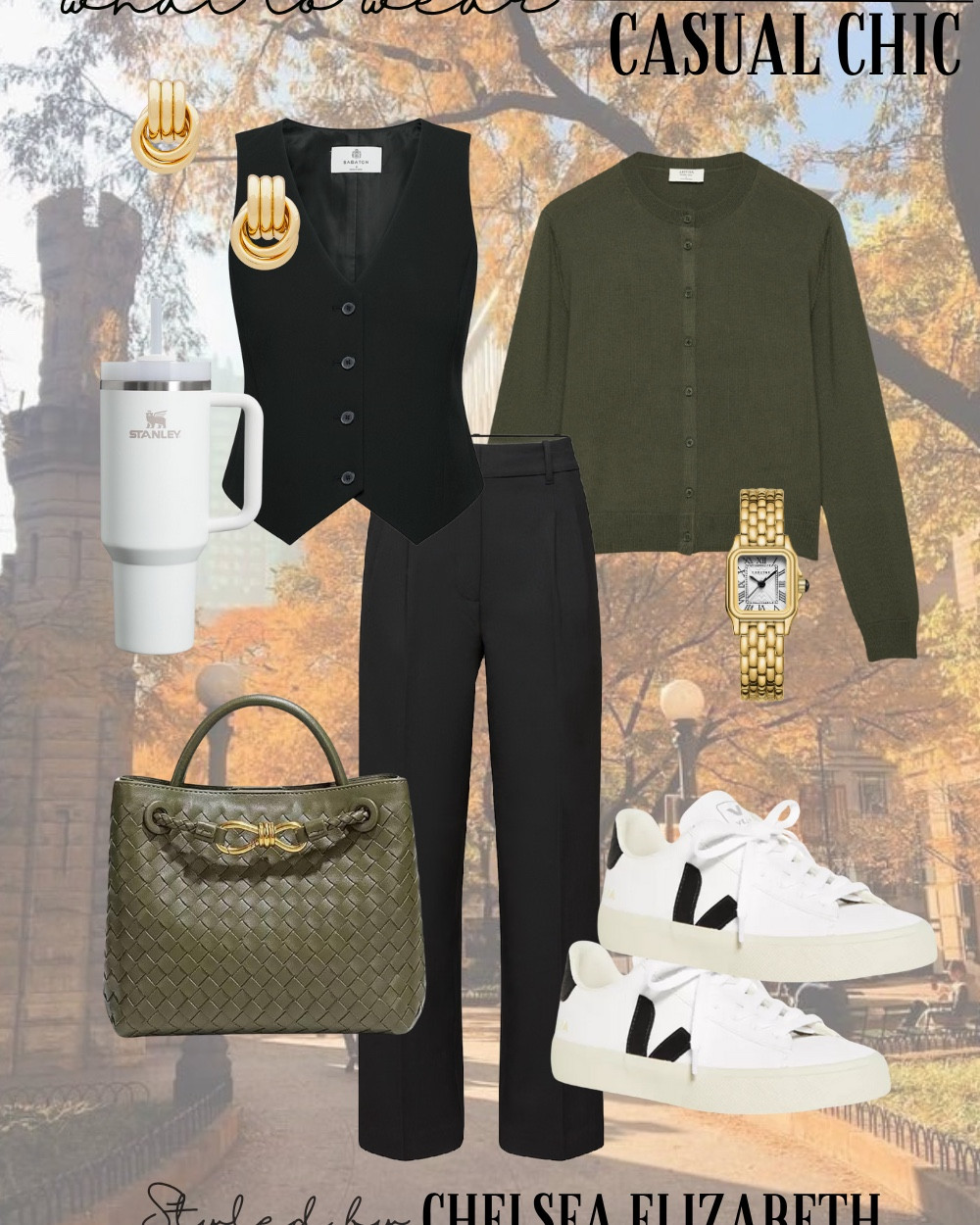 Casual Chic Outfits | Casual Fall Outfits 
•
•
•
Aritzia Black Vest - 2
Aritzia Black Trousers - 4
Aritzia Green Cardigan - S
JW PEI Green Handbag 
VEJA Sneakers -8
Stanley Tumbler 
•
•
•

Old Money Fall Outfit | Classy Fall Outfit | Fall Neutrals | Fall Chic | Chic Fall Outfits | Fall Outfits Petite | Fall Outfits | Fall Casual Outfits| Fall Transition Outfits | Fall Outfits Women | Fall Capsule Wardrobe | Everyday Outfits | Cute Outfits | Casual Chic  | Casual Outfits | Weekend Outfits | Errands Outfit | Coffee Run Outfit | Shopping Outfit | Comfy Outfits |  Comfy Sets | Comfy Chic | Sneaker Outfit | School Drop Off Outfit | old money looks | old money aesthetic | old money fashion | old money style | old money outfits | old money style women | neutral outfit | neutral style | classic style | classic outfits | chic outfits | chic style | casual chic | quiet luxury | minimalist | minimalist fashion | capsule wardrobe | petite outfits | Trouser Outfit | Pants Outfit | Cardigan Outfit | Vest Outfit | Matching Set Outfit | Matching Sets | Matching Set Women | Matching Set Fall | Matching Pant Set | 2 Piece Outfits | 2 Piece Sets | 2 Piece Sets Fall | Two Piece Set | Two Piece Outfits | Two Piece Fall | Europe Outfits | Italy Outfits | Vacation Outfit | 

#LTKSeasonal #LTKFindsUnder50 #LTKFindsUnder100 #LTKShoeCrush #LTKItBag #LTKOver40 #LTKTravel #LTKU #LTKPetite #LTKStyleTip