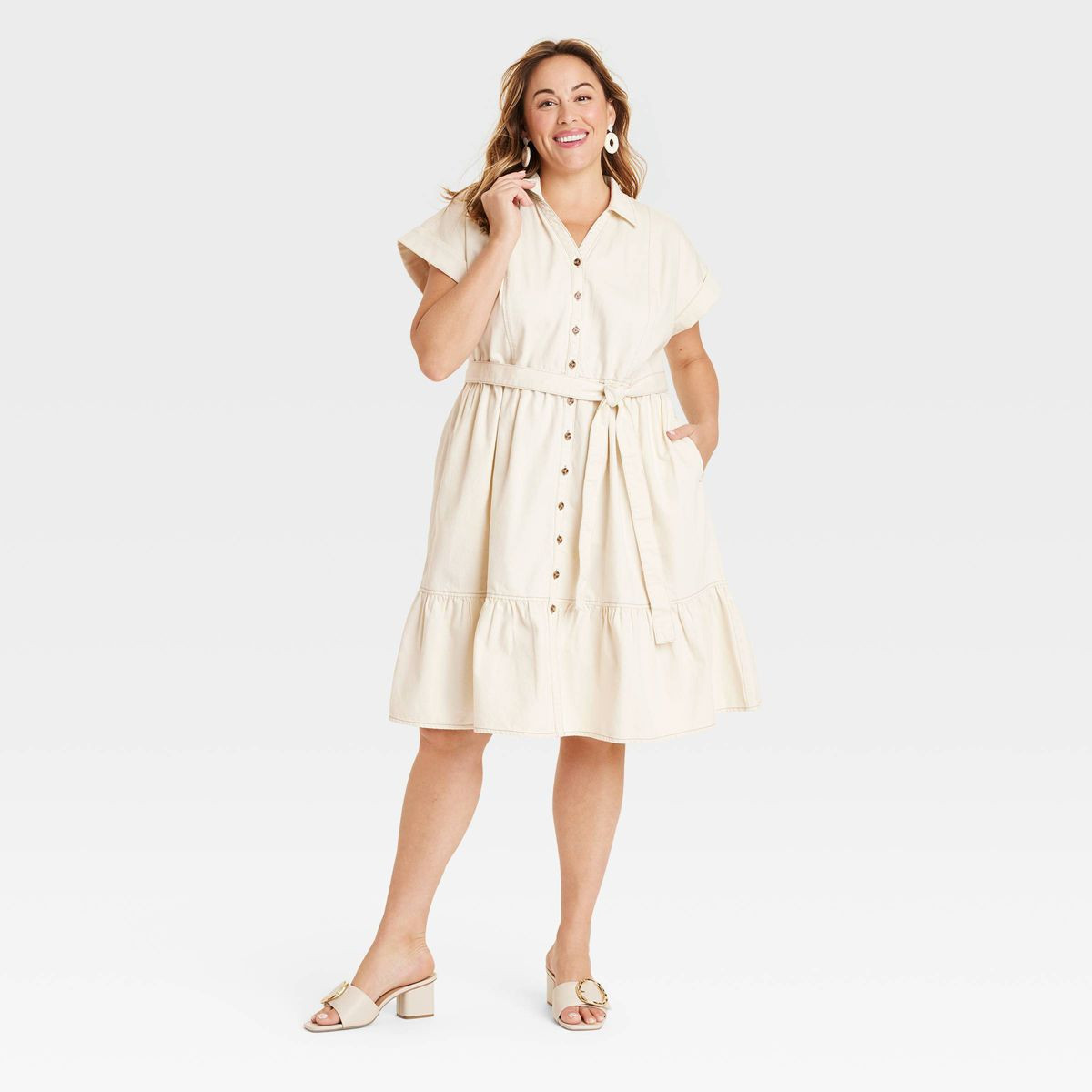 Women's Short Sleeve Denim Tiered Midi A-Line Dress - Ava & Viv™ | Target