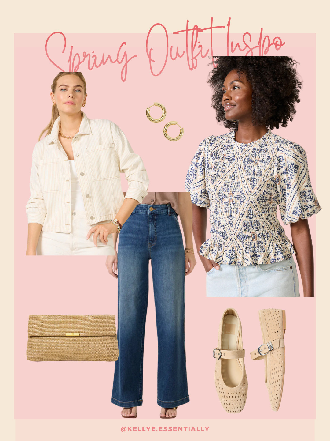 Easy spring outfit inspiration you can recreate with pieces you probably already own.

Wide leg jeans, a lightweight jacket, printed peplum top, neutral flats, woven clutch, and simple gold hoops. 

 #LTKootd #LTKSeasonal #LTKSaleAlert