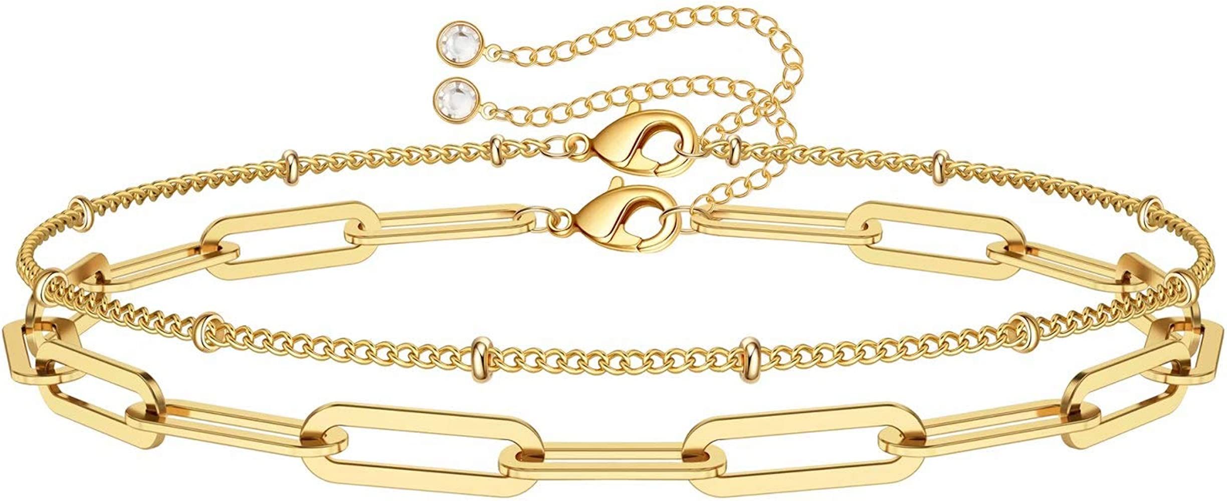 Dainty Gold Bracelets for Women, 14K Gold Plated Adjustable Layered Bracelet Cute Evil Eye Oval C... | Amazon (US)