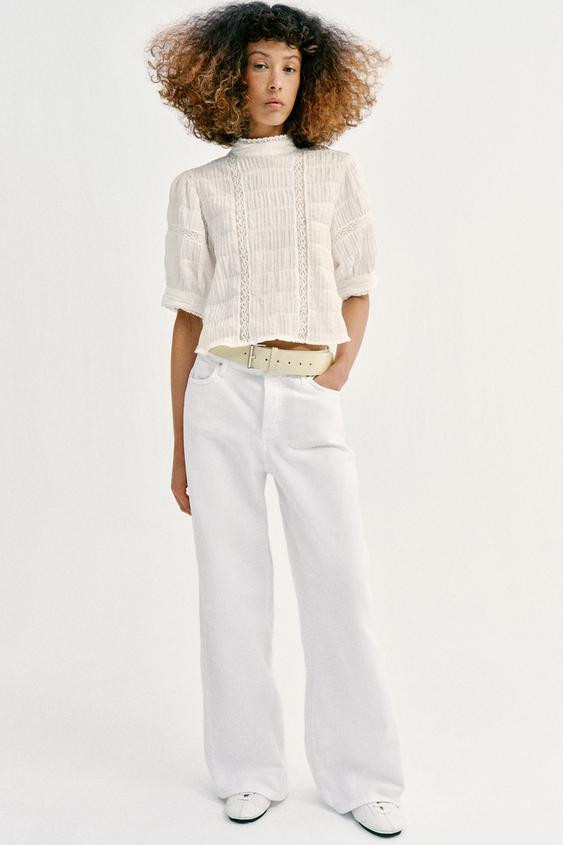 BALLOON SLEEVE LACE TRIM SHIRT | Zara US