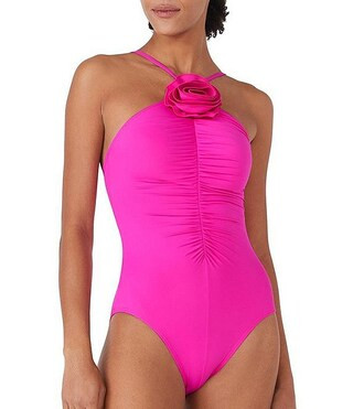 Solid High Neck Ruched Rosette One Piece Swimsuit | Dillard's