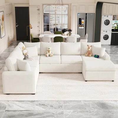 112.2" Sectional Sofa Pull-out Sofa Bed Sleeper with a Storage Ottoman,Three Pillows and Charging Devices for Living Room, Cream | Wayfair North America