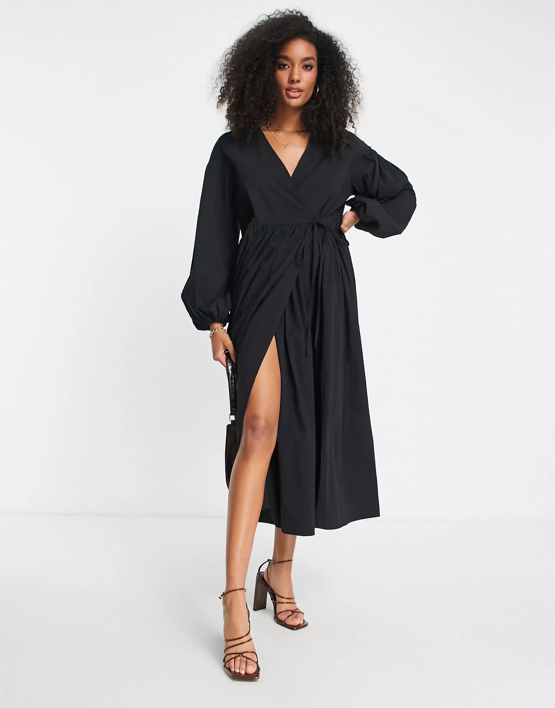 ASOS EDITION oversized wrap smock dress with blouson sleeves in black | ASOS (Global)