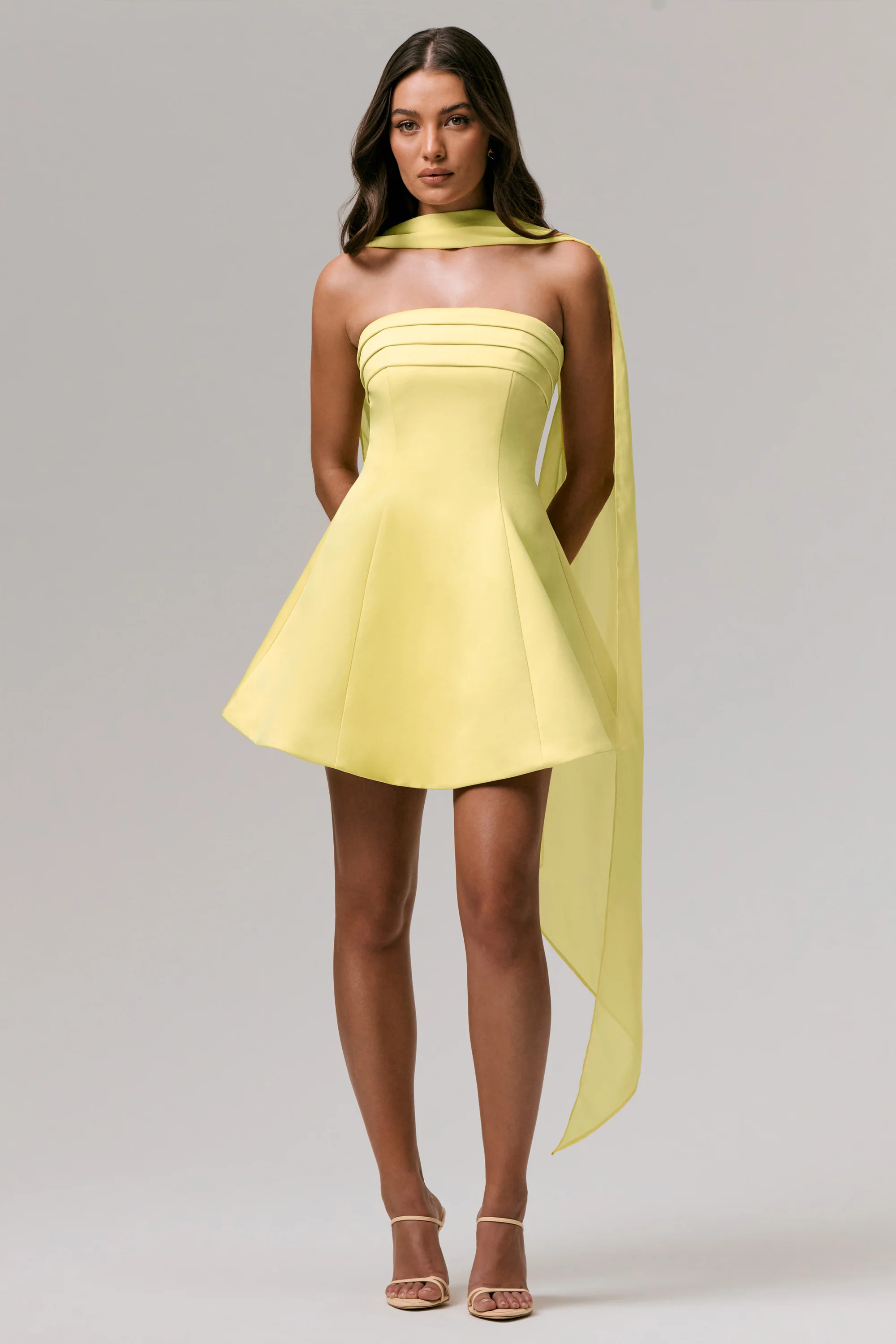 Love Me | Lemon Satin Skater Mini Dress With Chiffon Scarf | Club L London