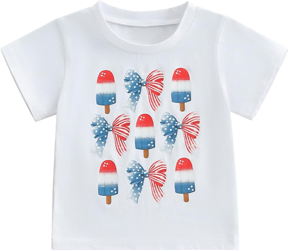 Kids Toddler Girls 4th of July T-Shirt Short Sleeve Patriotic Coquette Bow American Flag Independ... | Amazon (US)