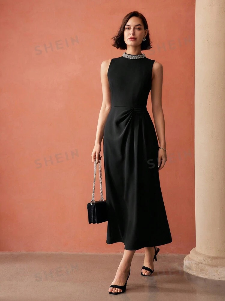 MOTF PREMIUM FAUX PEARL AND BEADED MOCK NECK RUCHED WAIST LONG DRESS | SHEIN | SHEIN