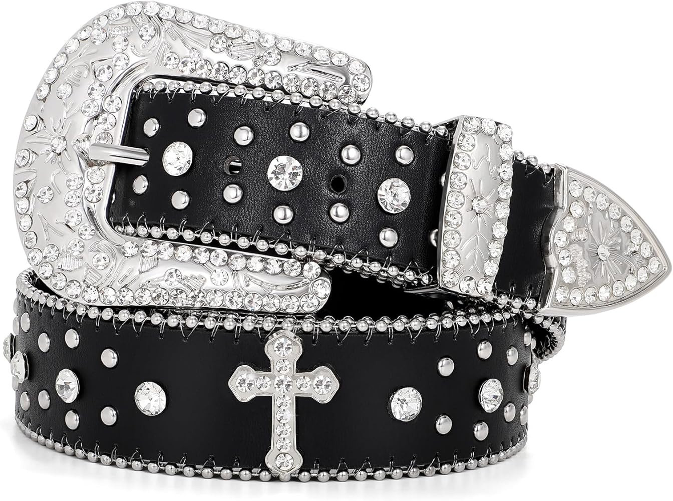 Rhinestone Belt for Men Women, Western Cowboy Cowgirl Belts Bling Leather Belt With Cross and Dia... | Amazon (US)