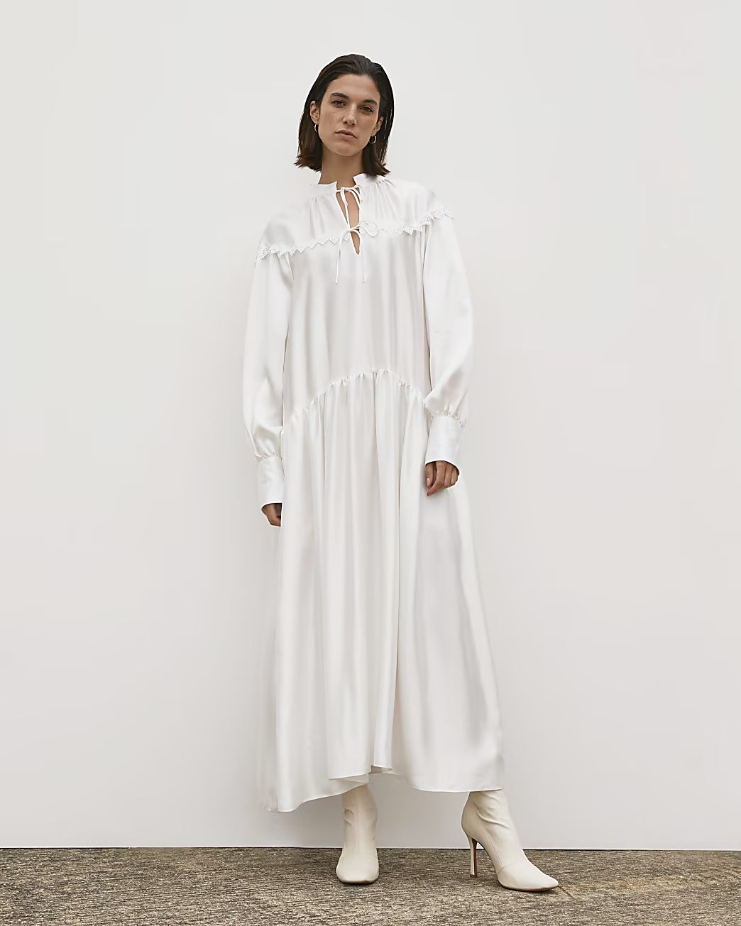 White RI Studio Tie Neck Smock Maxi Dress | River Island (UK & IE)