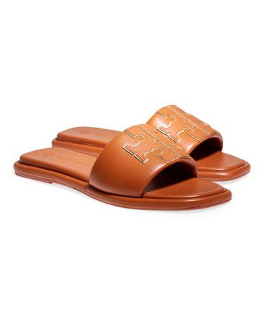 Tory Burch Bourbon Miele & Gold Double-T Sport Leather Slide - Women | Zulily