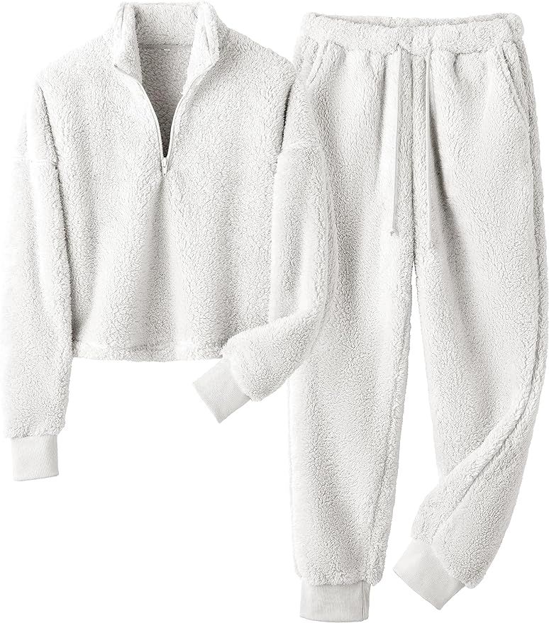 Ailoqing Fuzzy Fleece Pajama Sets for Women Soft Plush Pullover Pants Set 2 Piece Sleepwear Loung... | Amazon (US)