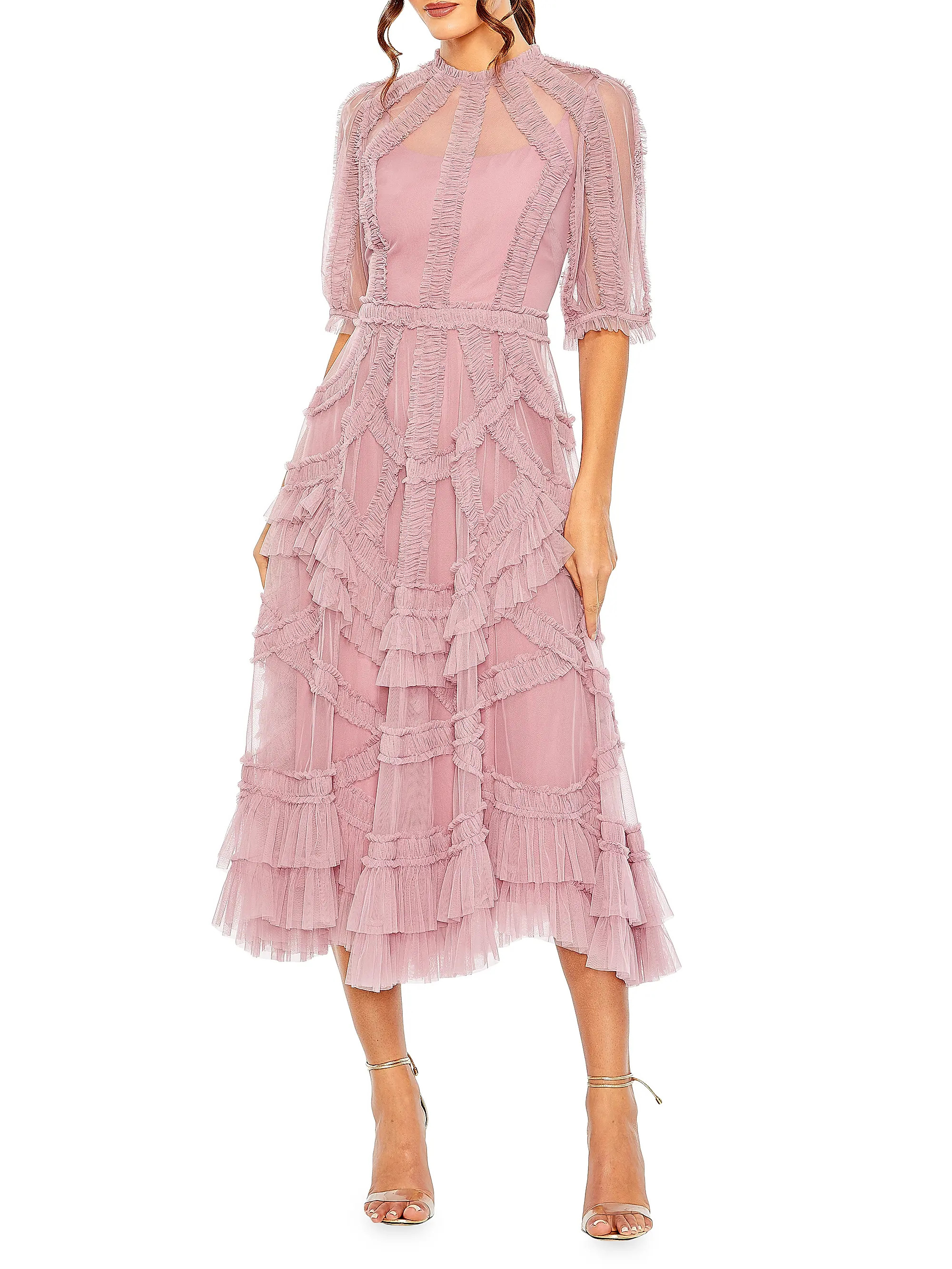 High-Neck Gathered Tulle Midi-Dress | Saks Fifth Avenue