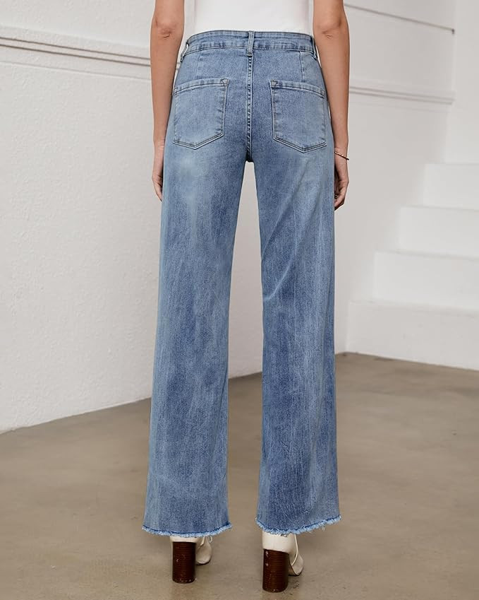 GRAPENT Straight Leg Jeans for Women High Waisted Stretchy Frayed Raw Hem Loose Denim Pants Casua... | Amazon (US)