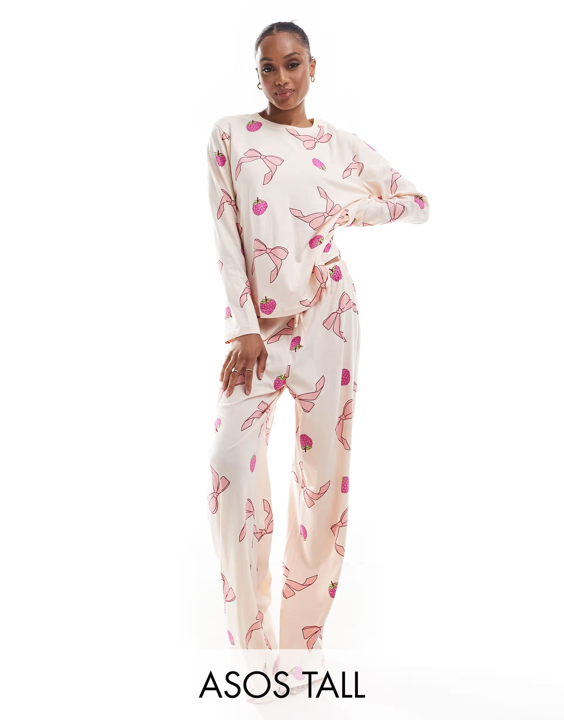 ASOS DESIGN Tall bow and fruit long sleeve top & trouser pyjama set in pink | ASOS (Global)