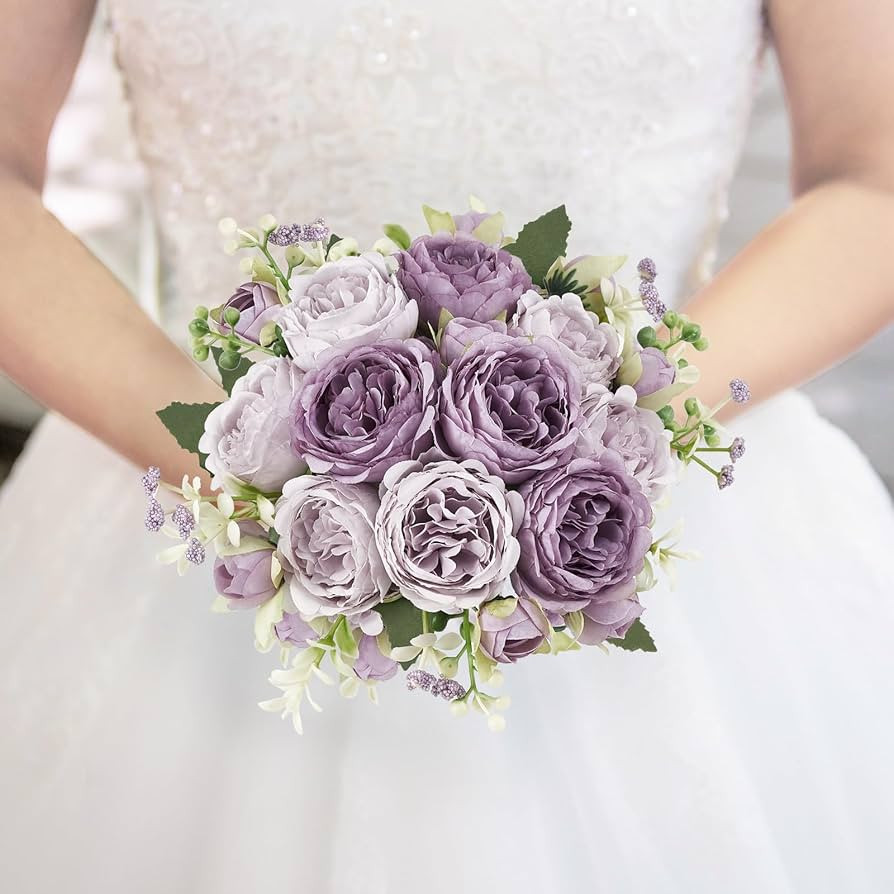 Mkono Peonies Artificial Flowers, Small Silk Flowers for Home Decor Indoor 2 Bundles Fake Bouquet Faux Floral Arrangements Dining Table Centerpieces for Kitchen Bridal Wedding Party Decor, Purple | Amazon (US)