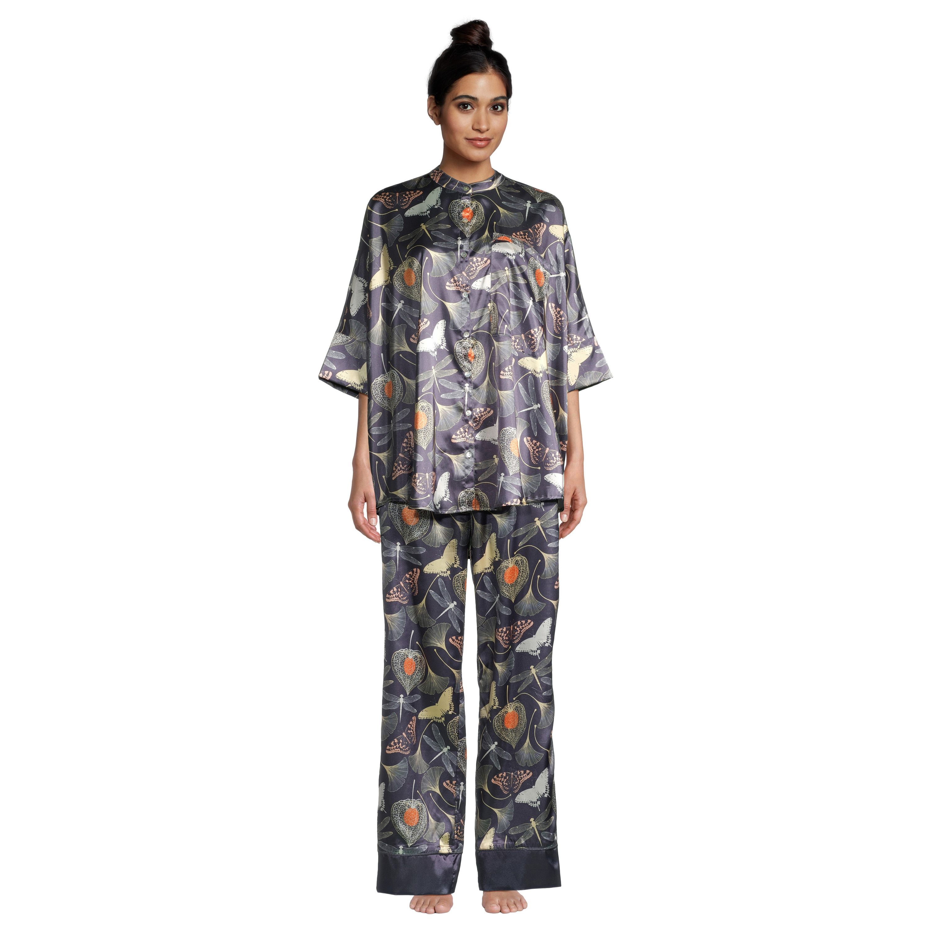 Navy Blue Satin Gingko Leaf Pajama Collection | World Market