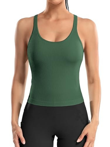 ATTRACO Tank Top with Built in Padded Bra Running Workout Tops Sleeveless Gym Clothes Dark Green S | Amazon (US)