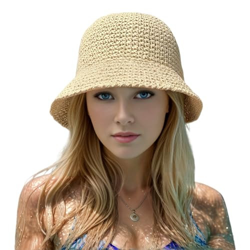 Womens Straw Bucket Hat Wide Brim Summer Beach Hat for Women Foldable Travel Sun Hat Fedora Crochet Straw Hat UPF50+, Beige | Amazon (US)