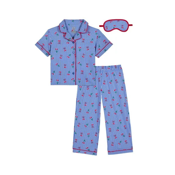 Wonder Nation Girls Short Sleeve Button Front Pajama Top and Pants Set with Eyemask, 3-Piece, Siz... | Walmart (US)