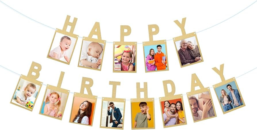 Happy Birthday Banner with Photo Inserts – 13 Gold Sparkle Letters with 4"x6" Photo Slots, Shim... | Amazon (US)