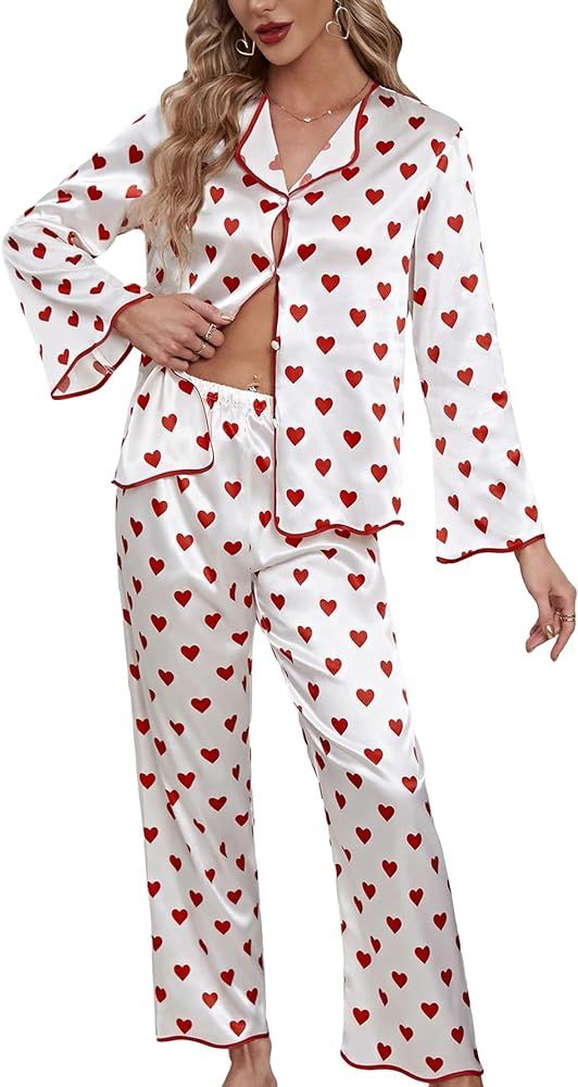 Verdusa Women's Satin Pajama Sets Sleepwear Heart Print Button Up Shirt and Pants | Amazon (US)