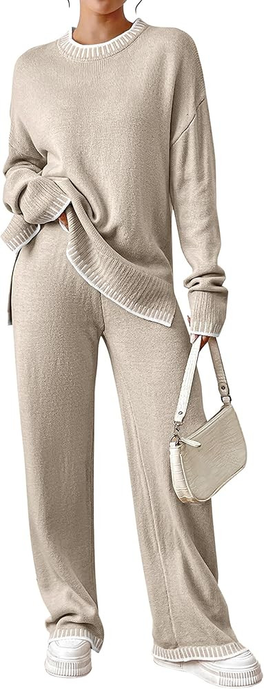 Angashion Womens 2 Piece Outfits - Sweater Sets Long Sleeve Knit Tops Wide Leg Pants Lounge Track... | Amazon (US)