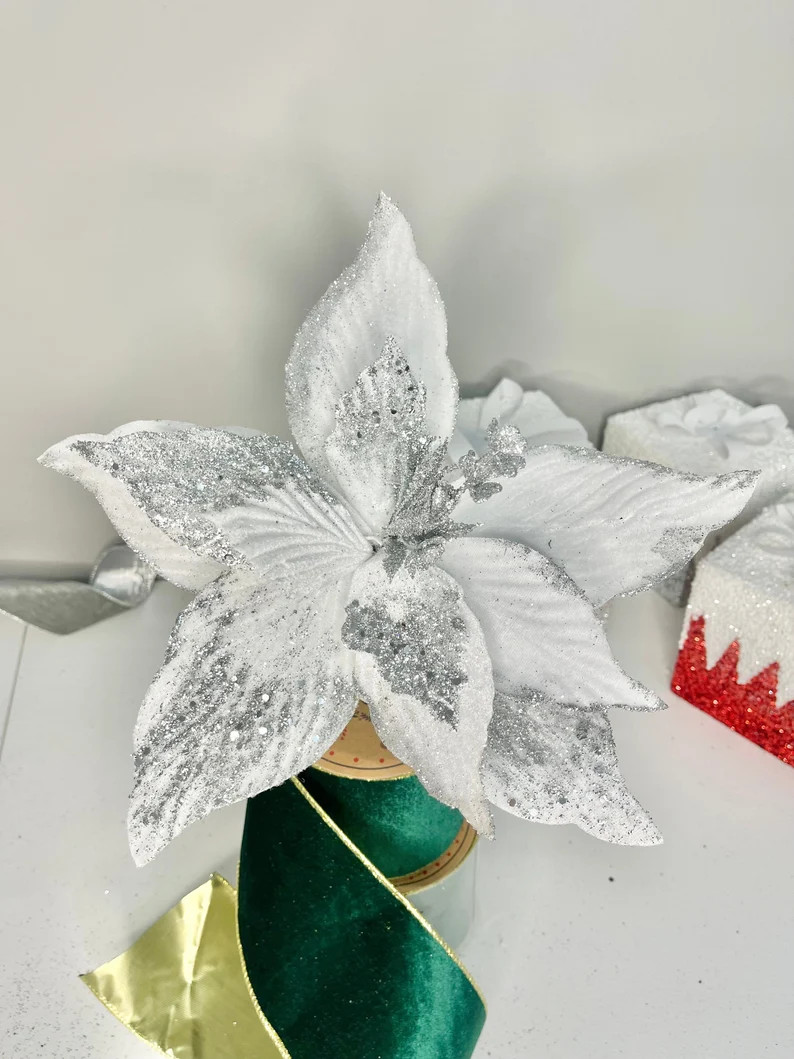 White and Silver Poinsettia Christmas Artificial Stems - Etsy | Etsy (US)