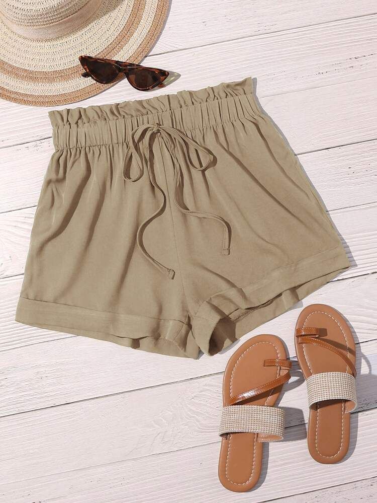 Paperbag Waist Knot Front Solid Shorts | SHEIN