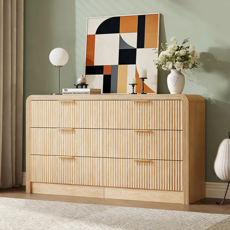 Evmore Fluted 55" 6-Drawer Dresser, Modern Wood TV Stand with Wave Texture, Large Chest of Drawer... | Walmart (US)
