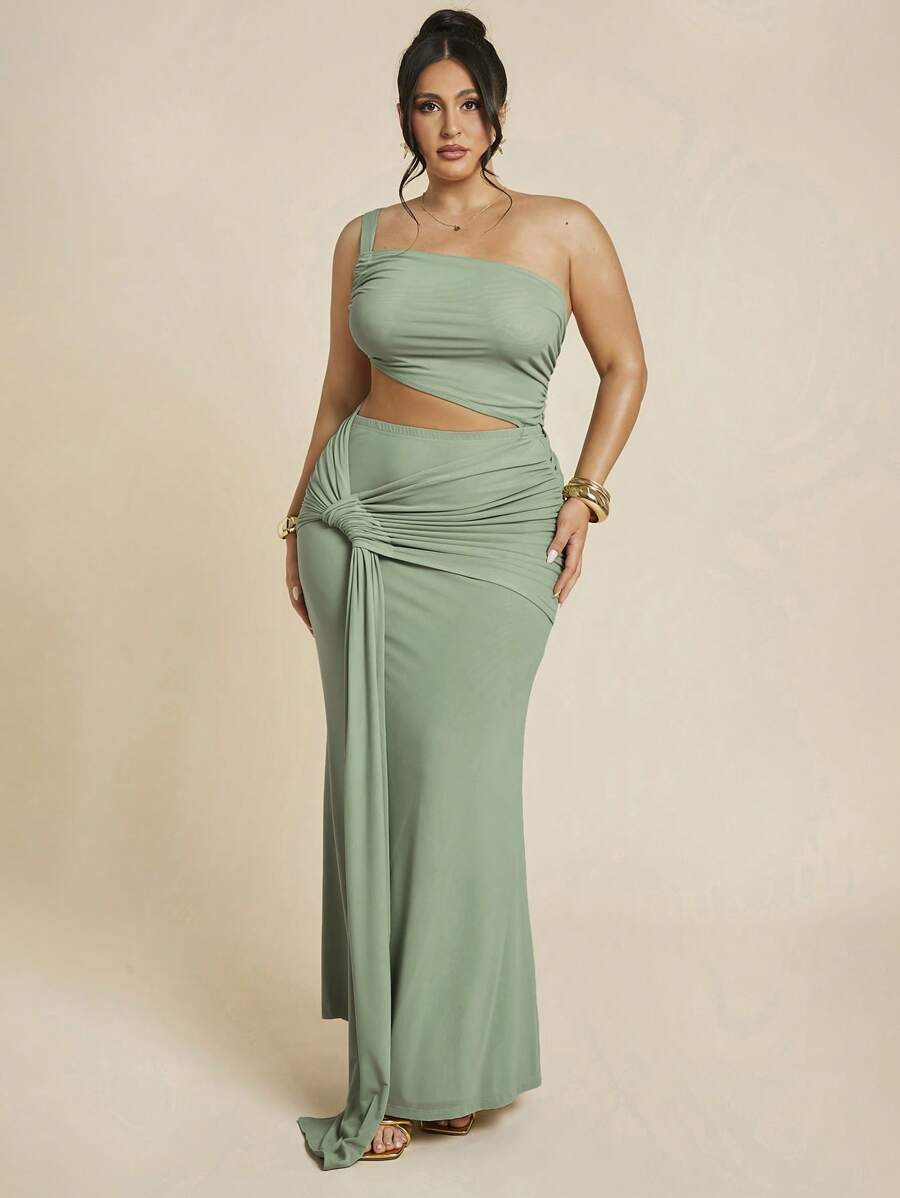 SHEIN BAE Plus Size Women's Green Vacation Asymmetric Asymmetric Neck Slim Sexy Hollow-Out Sheer ... | SHEIN