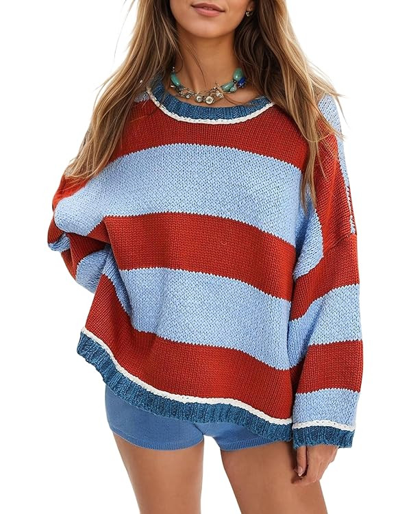 Women's Chunky Knit Striped Sweaters Casual Long Sleeve Crew Neck Oversized Pullover Sweater Wint... | Amazon (US)