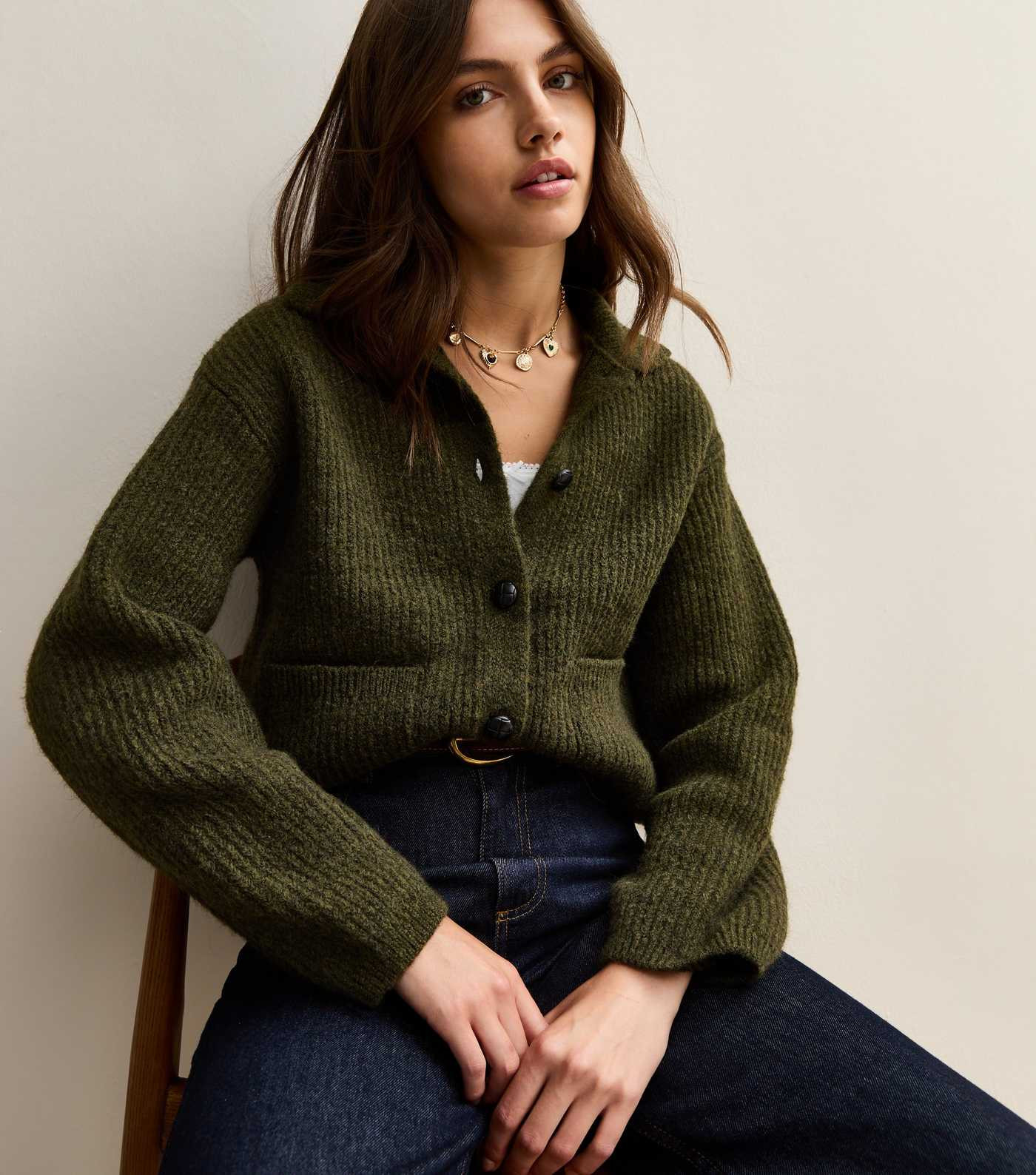Khaki Ribbed Knit Collared Button Through Cardigan | New Look | New Look (UK)