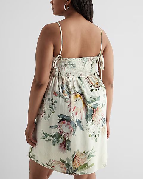 Linen-Blend Floral Ruched Mini Babydoll Dress | Express