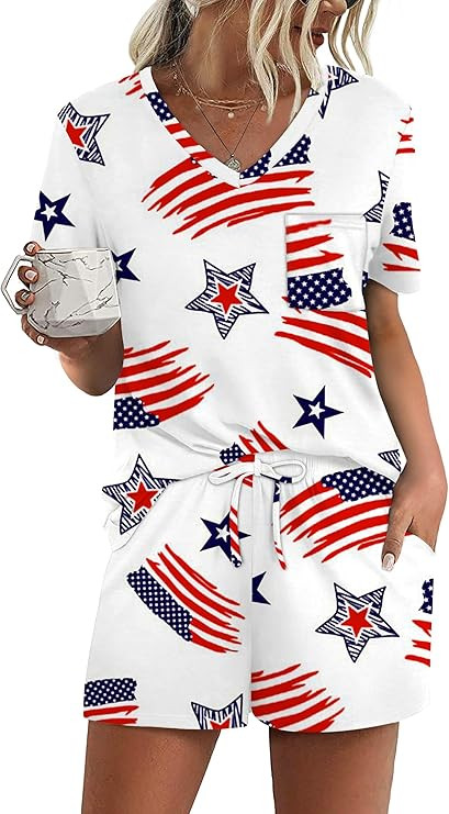 RUBZOOF Women's Short Sleeve Pajama Sets with Pockets Casual V Neck 2 Piece Lounge Sets S-3XL | Amazon (US)