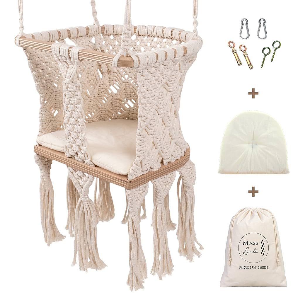 Macrame Baby Swing Chair with Ceiling Hardwares, Cushion and Storage Bag, Boho Baby Swing Indoor,... | Amazon (US)
