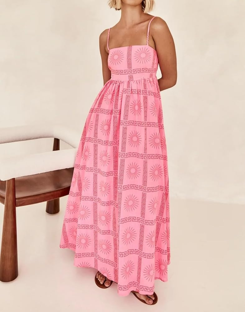 Women Floral Boho Maxi Dress Graphic Spaghetti Strap Long Dress Tiered Flowy Cami Dress Backless ... | Amazon (US)