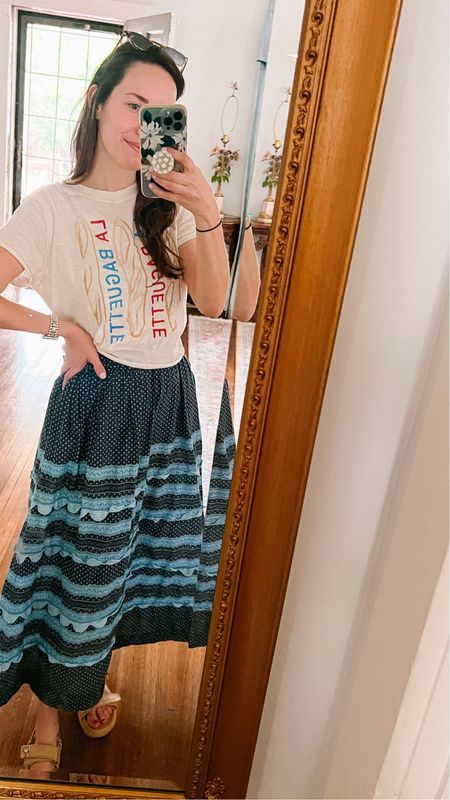 Easy spring mom outfit: French inspired La baguette tee with a navy paisley maxi skirt by sea New York. 

Anthropologie top, sea ny skirt, tan sandals

#LTKstyletip #LTKfindsunder100 #LTKSeasonal