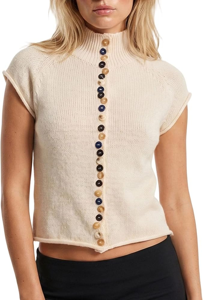 Women Button Down Short Sleeve Knit Top Y2K Turtleneck Rolled Edge Sweater | Amazon (US)