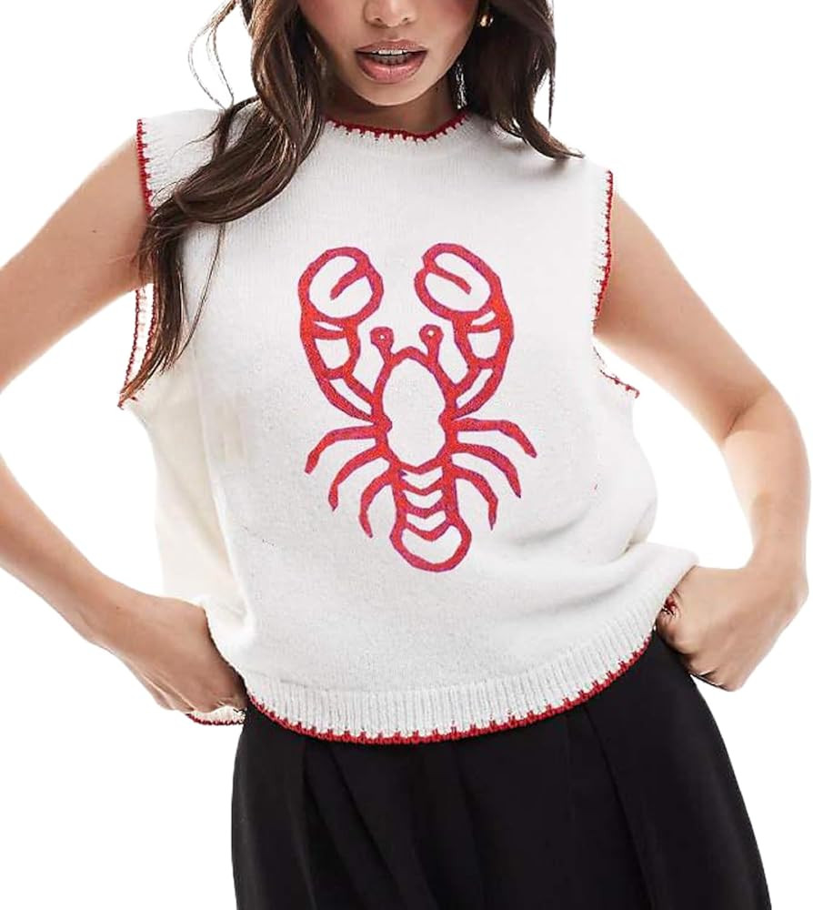Women Graphic Sweater Vest Y2k Sleeveless Lobster Pullover Top Crew Neck Lightweight Fall Knit Ta... | Amazon (US)
