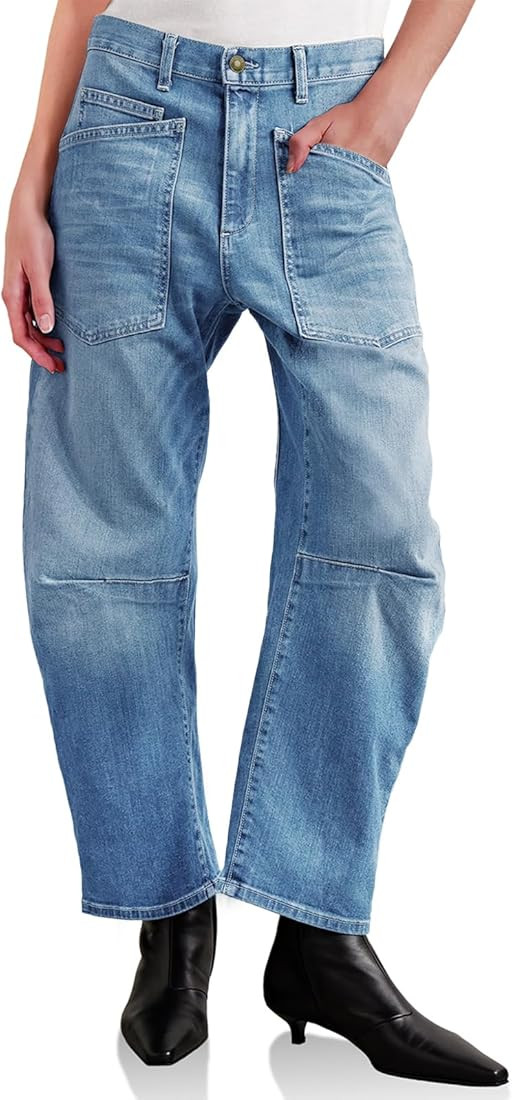 PLNOTME Womens Baggy Barrel Horseshoe Jeans High Waisted Wide Leg Vintage Denim Pants with Front ... | Amazon (US)