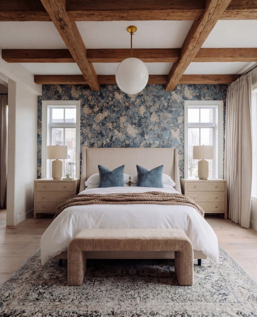 A serene and textural bedroom layered with soft neutrals, natural materials, and muted blue tones. This space blends modern coziness with a refined, organic warmth—grounded by rustic wood beams and elevated by its calming, tailored styling.

The focal point is the upholstered bed in a warm oatmeal linen, bringing a soft, tactile foundation to the room. At the foot, a camel-taupe upholstered bench in a chenille-like textured fabric introduces gentle warmth and subtle contrast against the crisp white bedding.

The feature wall is wrapped in a smoky blue floral wallpaper with painterly taupe, cream, and slate undertones—adding depth, mood, and a curated boutique-hotel feel. Two solid wood nightstands in a pale natural oak finish frame the bed with lightness and simplicity.

On top, sculptural ceramic table lamps with ribbed bases and soft ivory shades add height and warm ambient glow. Blue velvet accent pillows tie back to the wallpaper’s cool tones, bringing a calming pop of color while balancing the room’s earthy palette.

The vintage-inspired rug beneath blends washed blues, warm greys, and weathered taupe, softly anchoring the space in a rich, layered foundation. Floor-to-ceiling drapery in a warm beige linen adds movement and softness, completing the room with elegant quietness.

✨ Shop the look:
• Oatmeal linen upholstered bed
• Camel-taupe textured bench
• Blue velvet throw pillows
• Smoky blue floral wallpaper
• Natural oak nightstands
• Ivory ribbed ceramic table lamps
• Vintage-washed blue & taupe rug
• Light beige linen drapery panels
• Chunky knit throw blanket

Black Friday

#LTKCyberWeek #LTKHome #LTKSaleAlert