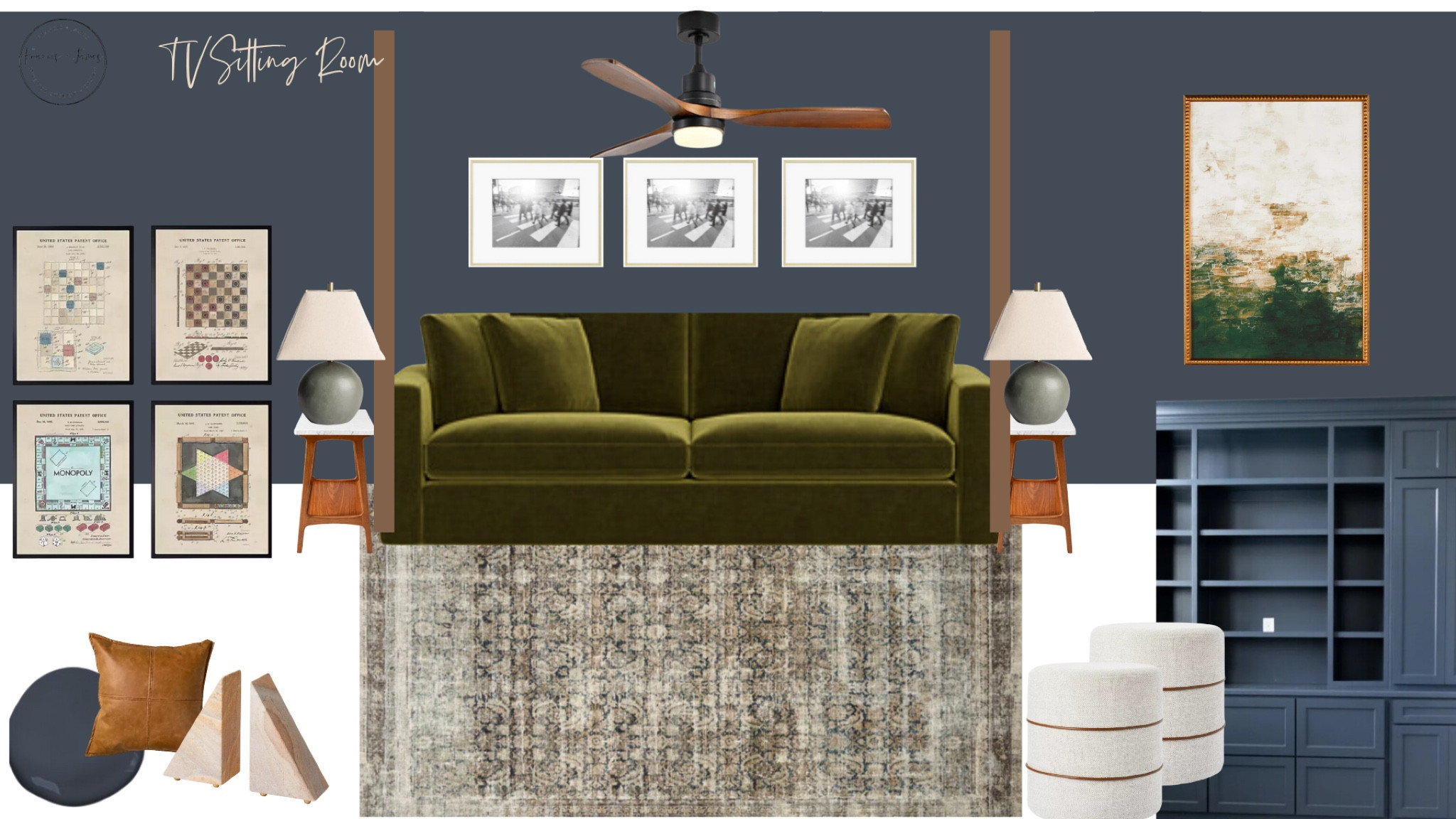 TV room, living room, sitting room, den, cocktail room, game room, game lounge, Hale navy, green velvet couch, gold frames, green lamps, gold matted frames, green rug, navy rug, fall decor, updated lighting, wooden fan, neutral rug, game room wall art

#LTKstyletip #LTKhome #LTKfamily