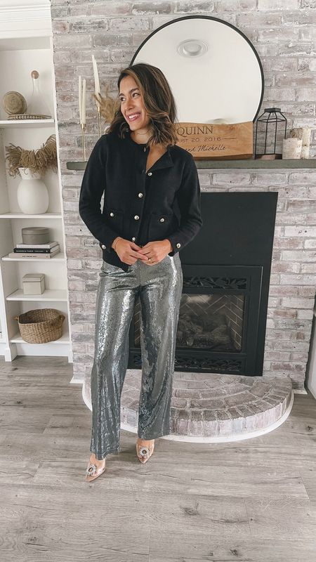 🪩 Holiday outfit 6 of 7 you’ll actually wear! @sailtosable 

Button front cardigan, sparkly trouser pants, holiday party shoes

#holidayoutfitideas #holidayoutfitinspo #whattowearnow #styleover30 #momoutfits #newyearseveoutfit 

#LTKparties #LTKHoliday #LTKfindsunder100
