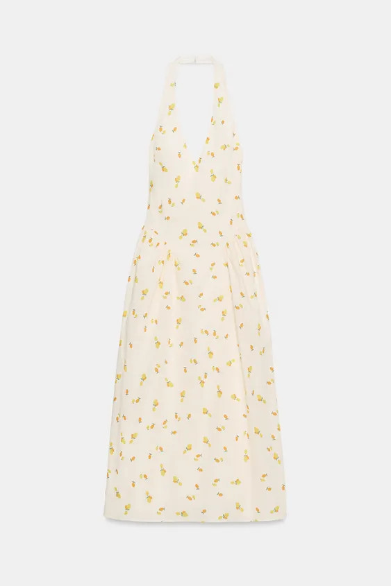 FRUIT PRINT POPLIN HALTER MIDI DRESS | Zara US