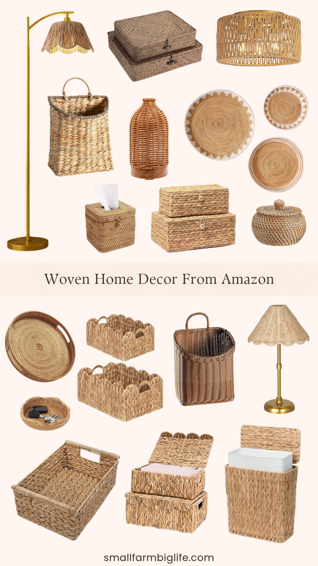 Woven and rattan home decor is one of my favorite ways to add warmth and texture to any room and Amazon has such a beautiful selection right now at really great prices. I rounded up eighteen pieces including wall baskets in multiple sizes, storage bins with lids, a rattan ceiling light fixture, an arc boho floor lamp, a cordless rattan table lamp, a wicker trash can, a round ottoman tray, an essential oil diffuser with a woven cover, a square tissue box cover, a wicker door basket, and a variety of baskets in scalloped, rectangular, and round styles with and without lids. Whether you want to add texture to your walls, organize a shelf or closet, or update your lighting the woven and rattan trend gives any space that warm and collected feel that never goes out of style. Tap to shop! 

 #LTKHome