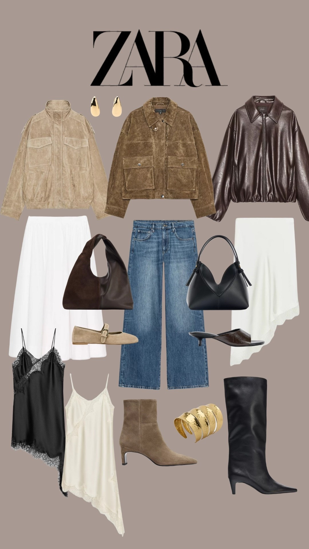 Zara new in top picks 🤎 

Suede jacket, white skirt, bomber jacket, wide legs jeans, black bag, lace top, lace skirt, knee high boots, suede boots, suede shoes 

#LTKautumn #LTKstyletip #LTKuk