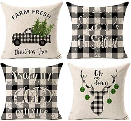 Kithomer Set of 4 Christmas Decorations Pillow Covers Christmas Buffalo Plaid Farmhouse Decor Thr... | Amazon (US)