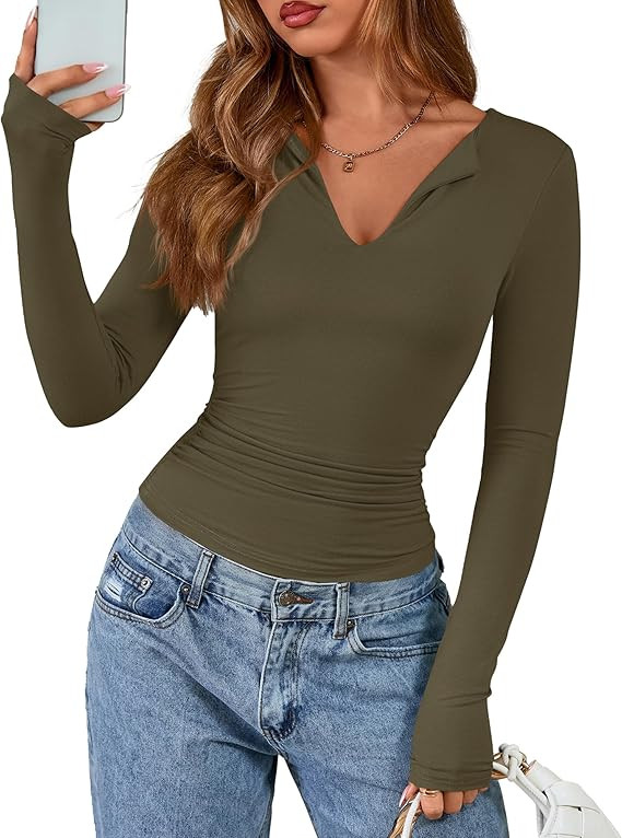 BTFBM Long Sleeve Shirts for Women 2025 Fall Fashion V Neck Knit Ruched Slim Fit Casual Basic Tee... | Amazon (US)