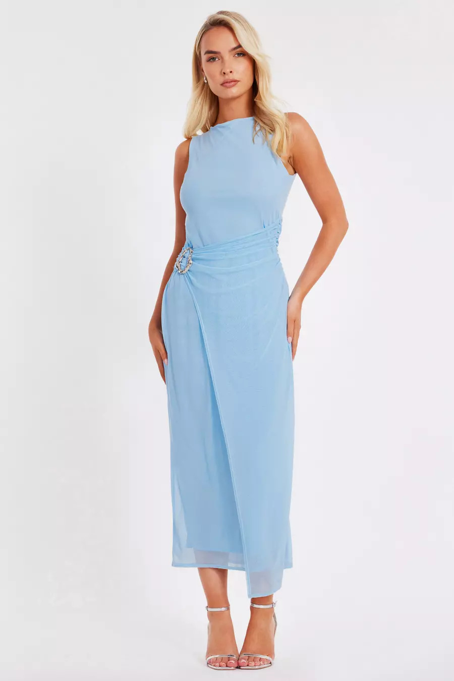 Pale Blue Mesh Buckle Midaxi Dress | Quiz Clothing