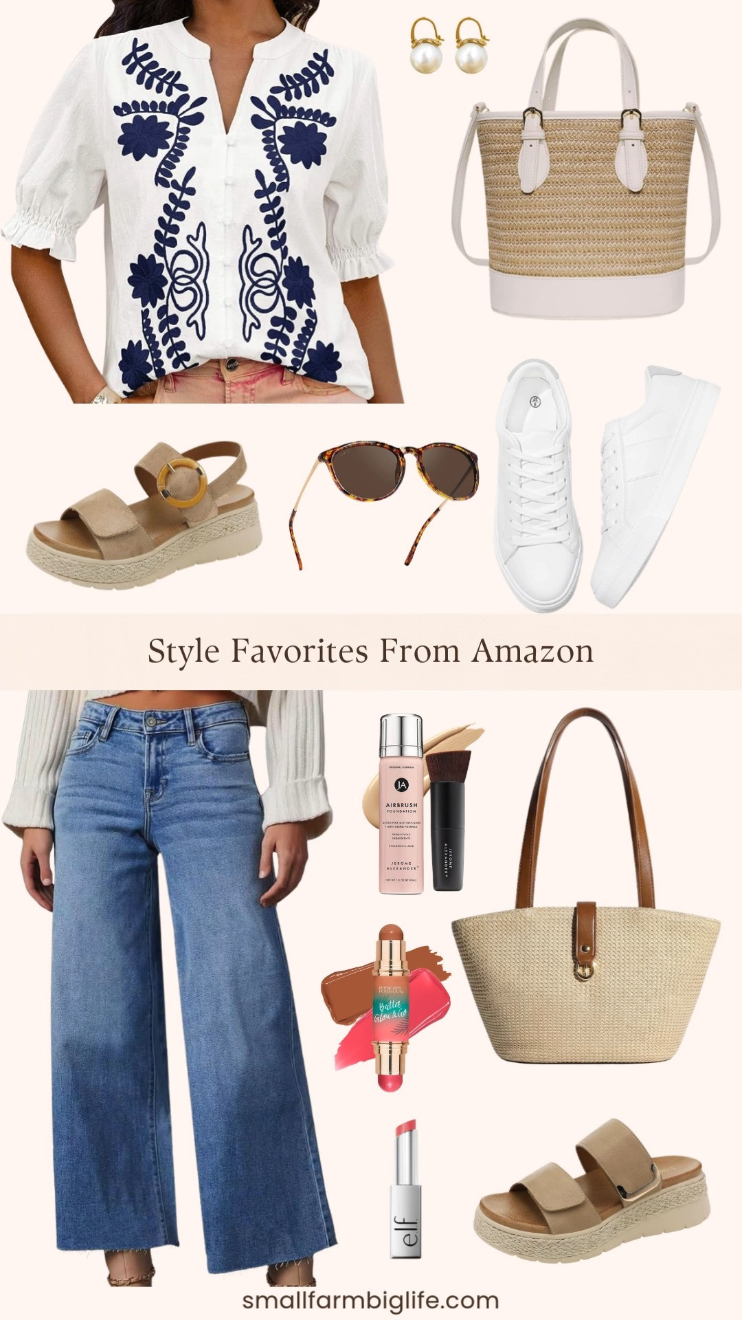 Sharing some of my favorite everyday style and beauty finds from Amazon right now and there is so much good stuff! From a straw bucket bag and woven raffia tote to a pretty embroidered boho blouse, high waisted wide leg ripped jeans, platform espadrille wedge sandals, classic white sneakers, tortoiseshell round sunglasses, and gold pearl drop earrings, plus some really beautiful makeup finds including a mineral airbrush foundation, a butter glow multiuse stick, and a tinted lip oil stick that I cannot stop reaching for. Linking everything below! 

 #LTKootd #LTKOver40 #LTKBeauty